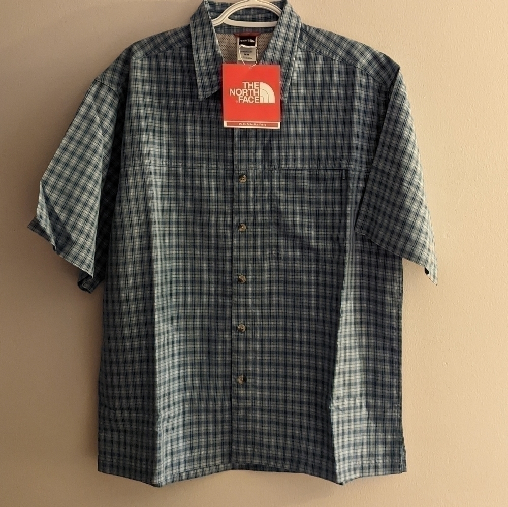 NWT The North Face Men's Blue Plaid Casual Button Up Shirt Medium UV Protection